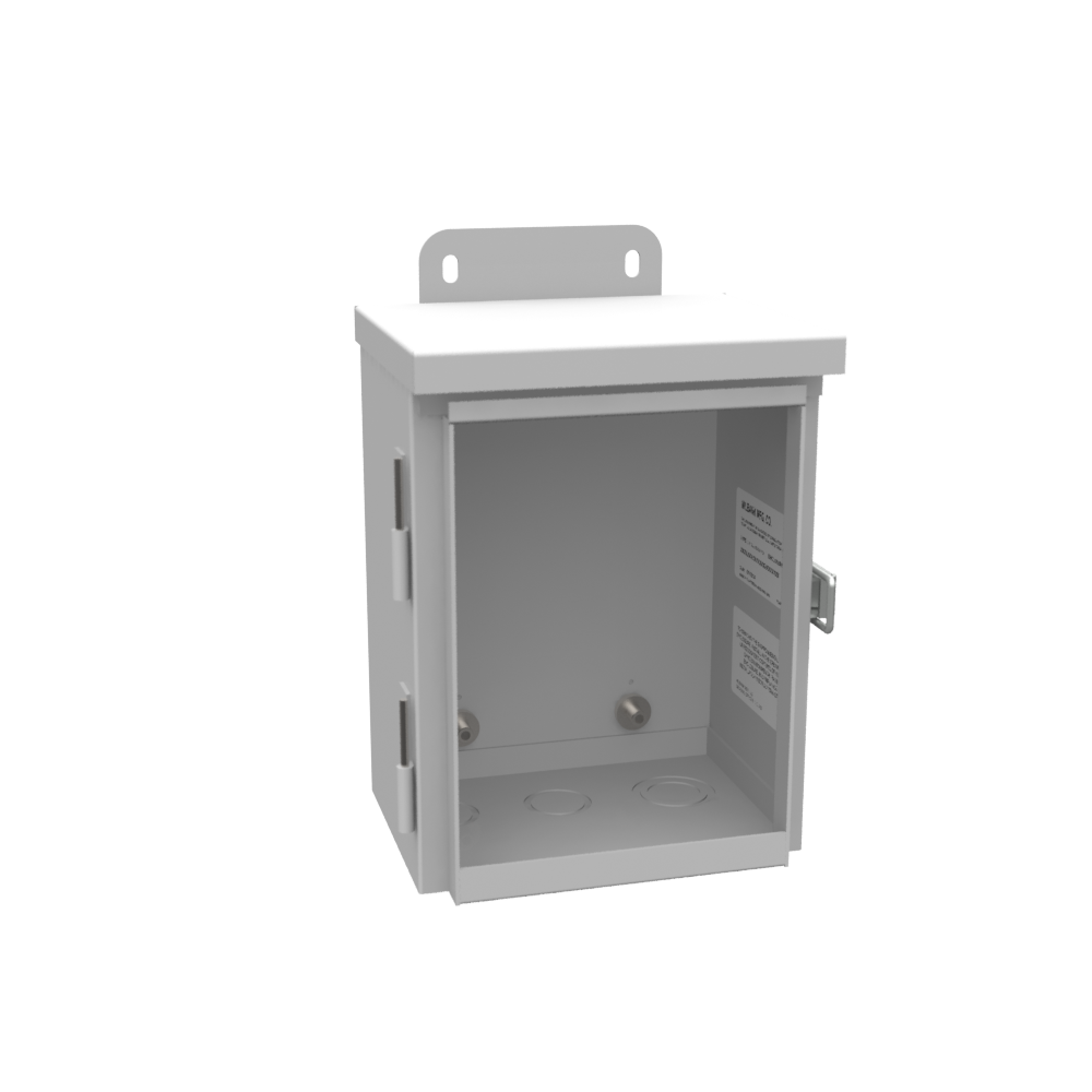 8x4x6 Hinge Cover Type 3R UL Listed Steel Knockouts ANSI 61 Gray Back Panel Weld Studs Drip Shield Emboss Mounting Holes in Back Padlocking Draw Latch Quad D Knockout for Lock SP