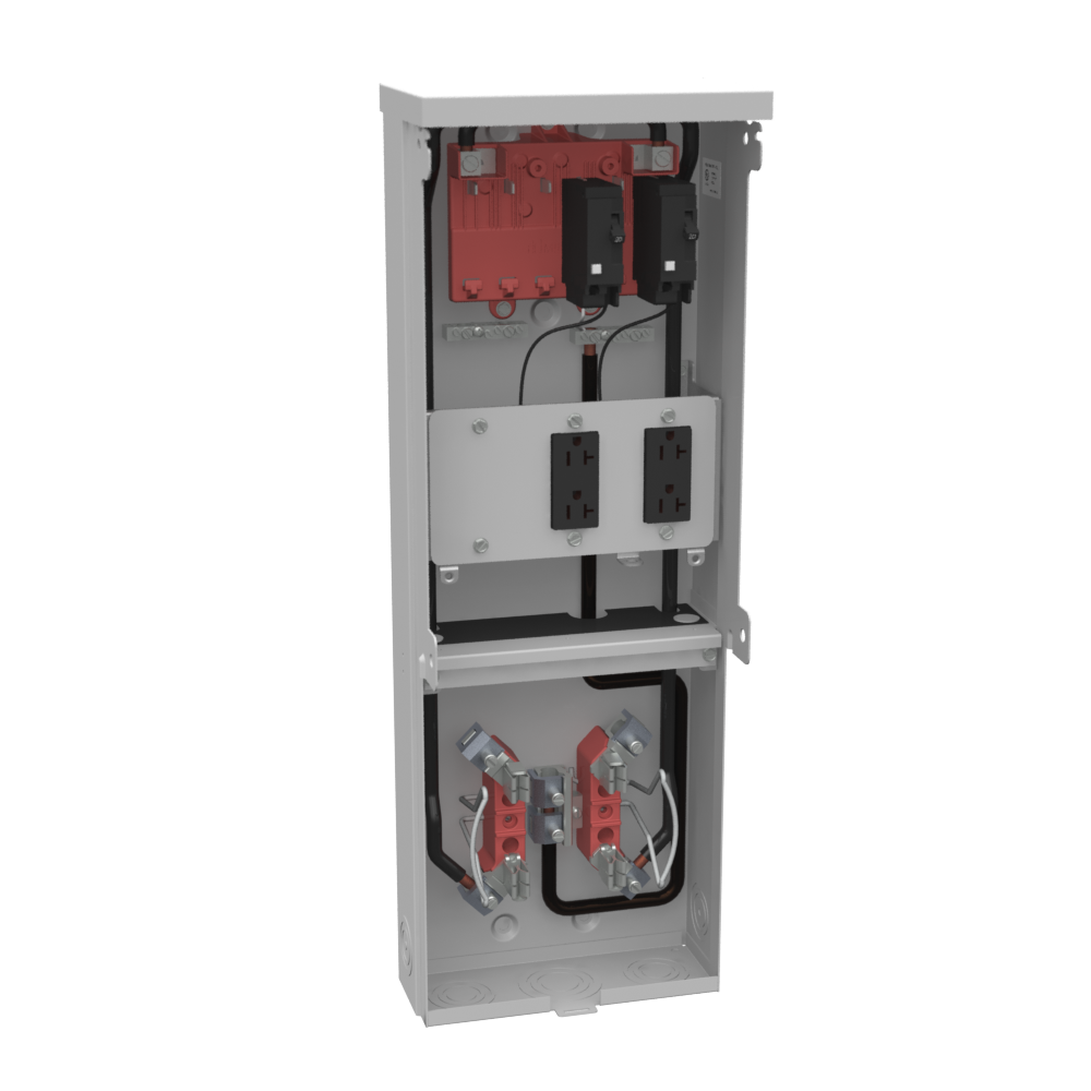 MLBK U4908-O-11GR UNDERGROUND METERED SURFACE MOUNT POWER OUTLET 100A 120/240V W/2-GFI RECEPTACLES AND 2 SP 20A BREAKERS RINGLESS METER SOCKET TEMP POWER