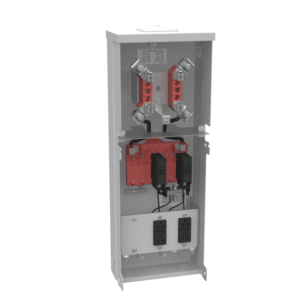 MLBK U5100-XL-11GR METER RINGLESS 125A OVERHEAD METER SOCKET 1PH 6 SPACE W/2-20A BREAKERS AND 2 GFCI TEMPORARY POLE TYPE TOP FEED