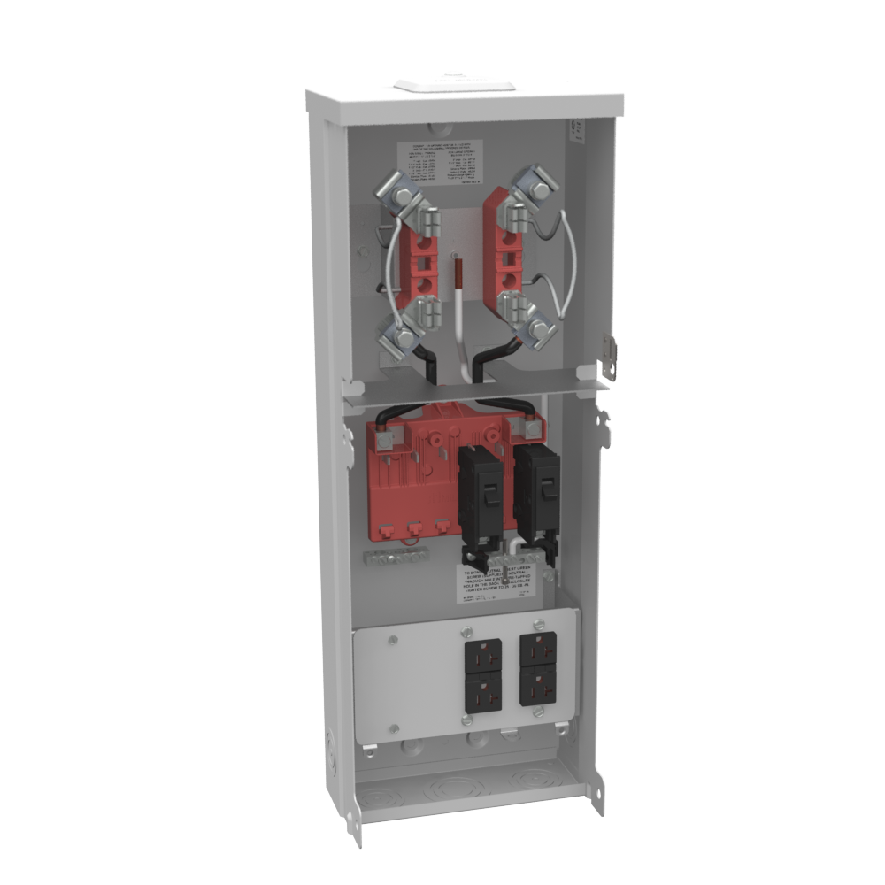 MLBK U5101-XL-11GR 100A MET RL P/O OVERHEAD METER SOCKET 1PH 120/240 6 SPACE W/2-20A BREAKERS AND 2 GFCI TEMPORARY POLE TYPE TOP FEED SUBS FOR P77RTS RING METER SOCKET