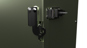 Latch-and-hasp.png A close up on the latch and hasp system that makes cabinets padlockable and secure.