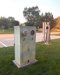 An EV charging station at Macken Park is being powered by a Milbank pedestal.