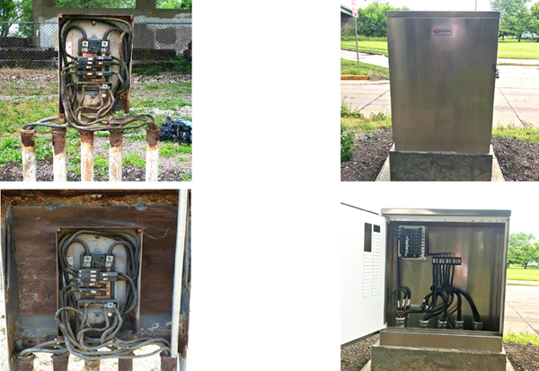 Two old corroded units used for bridge lighting are shown on the right and the exterior and interior of the new custom built cabinet is shown on the right.