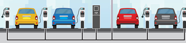 Illustration of how Milbank enclosed controls power EV charging stations with cars parked next to stations.