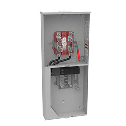 Rendering of a Milbank meter main with a lever bypass in the top and a main breaker in the bottom.