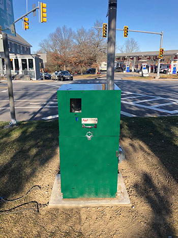 A newly installed Milbank enclosed control pedestal providing power distribution for multiple park applications.
