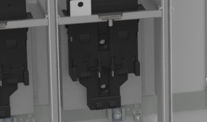 A close up on a rendering of a meter main that shows the aluminum bus that acts as a barrier against contact with live parts.