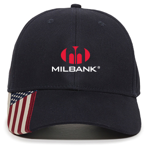 Milbank Hat with an American flag on the bill