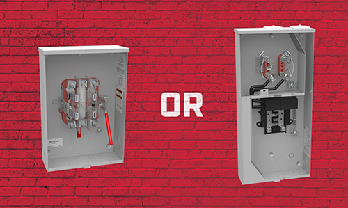 Rendering of a meter socket with a lever bypass on the left and a meter main with breaker on the right superimposed over a red brick wall.