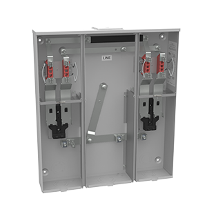 A rendering of a U5882, a Milbank multi-position meter socket with heavy duty lever bypass and a center wireway.