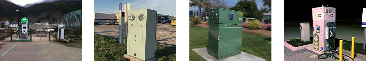 Four different Milbank enclosed controls powering EV charging station in different locations.