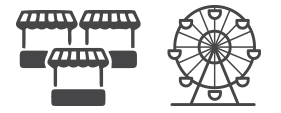 Illustration of booths for an outdoor festival and a ferris wheel.