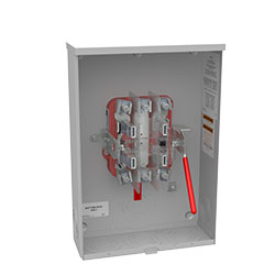 Rendering of a Milbank meter socket featuring a lever bypass with a red handle.