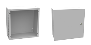 A rendering of a hinged cover panel enclosure, on the left showing no cover and the interior and on the right showing the cover in place.