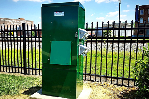 This Milbank enclosed control stands outside Founder's Park in Johnson City, Tenn.