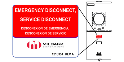 A drawing of the exterior of a meter main with a close up on the service disconnect label that fits NEC 2020 rules.