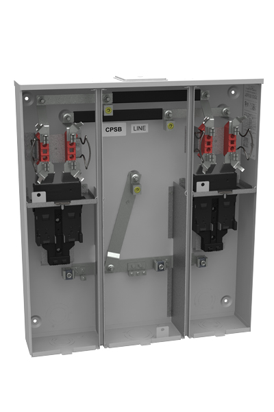 A rendering of a U5882, a two-position meter main with center wireway.